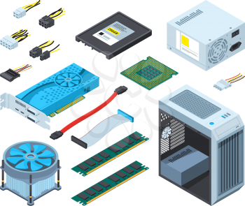 Illustrations of different electronic parts and components for computer. Hardware for computer, chip processor and part component semiconductor and microprocessor vector