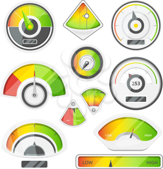 Different speed indicators. Vector pictures of speedometers and tachometers. Speedometer and tachometer indicator panel, measurement dashboard illustration