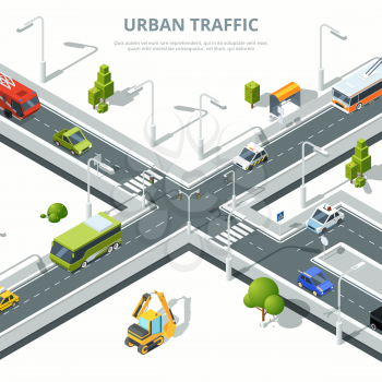 City crossroad. Illustrations of urban traffic with different cars. Vector isometric pictures. Traffic street crossroad with car and other transport