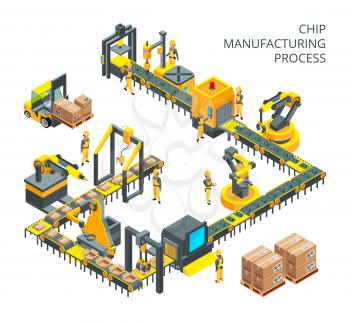 Industrial production of computer parts. Machinery tools for automation processes. Production machinery technology, industry machine equipment for factory manufacture, vector illustration