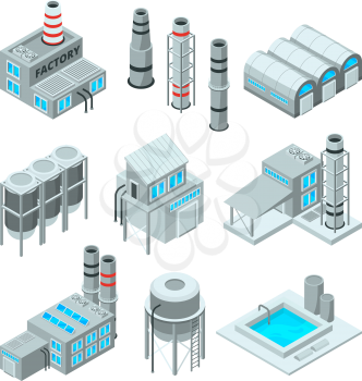 Set of industrial or factory buildings. Isometric 3d pictures. Industry factory building, architecture industrial, vector illustration