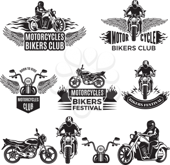 Emblems or logo designs for club of bikers. Illustrations of custom motorcycles and choppers. Motorcycle club and motorbike festival logo vector