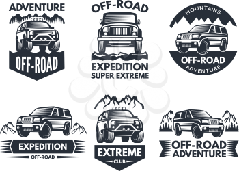Off road symbols. Labels with 4x4 truck. Logos or labels with suv cars. Automobile car logo, transport for travel emblem off-road. Vector illustration