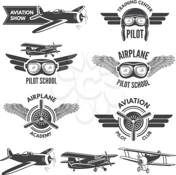 Labels set with illustrations of vintage airplanes. Travel pictures and logo for aviators. Aviation flight badge, airplane emblem, pilot school logo vector