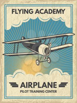 Vintage aircaft poster. Vector illustration. Retro banner with airplane fly