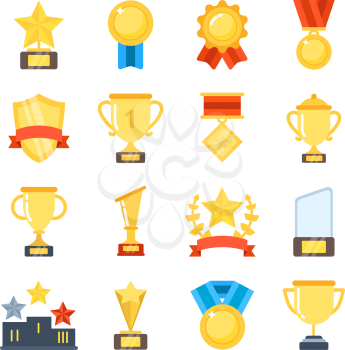 Golden cups for winners and others sport trophy. Golden reward and gold trophy for championship. Vector illustration
