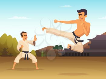 Karate fighters Cartoon background vector illustration. Fighter karate, sport art martial, combat kick training, vector illustration