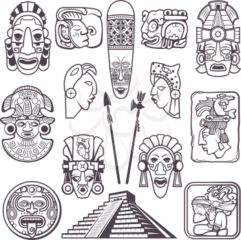 Monochrome pictures set of mayan culture symbols. Tribal masks and totems. Vector aztec tribal mythology, souvenir ancient illustration