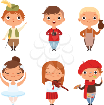Cartoon kids boys and girls of different creative professions. Vector of photographer and potter, ballerina and musician illustration