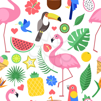 Seamless pattern with various pictures of tropical flowers and other plants. Seamless blossom plant, watermelon and pineapple, flamingo bird background. Vector illustration