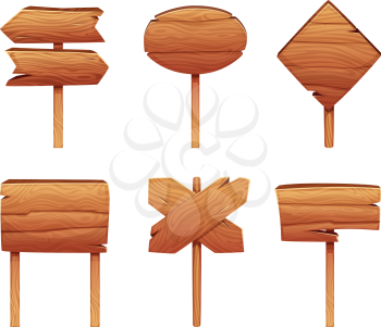 Illustrations of wooden signboards in cartoon style. Signboard wooden blank, plank banner empty vector