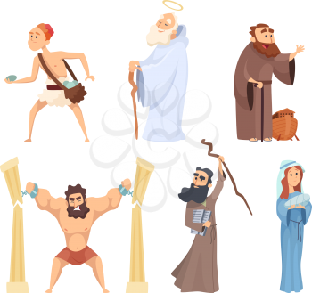 Historical illustrations of christian characters of holy bible. Vector noah and virgin mary, judah and moses