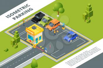 Isometric illustrations of urban paid parking with various cars. Vector car city isometric, auto area parking