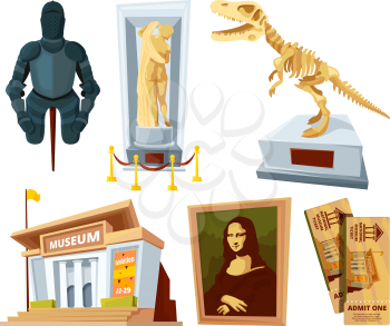 Set cartoon pictures of museum with exhibit pod and tools of various historical periods. Excursion exposition museum, exhibition composition, historical and archeology. Vector illustration