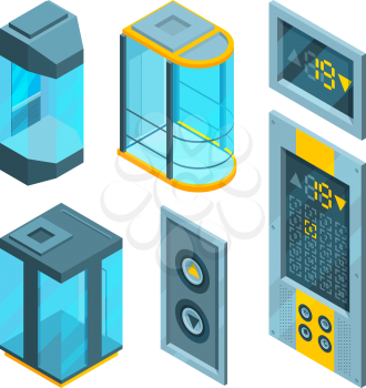 Isometric pictures set of glass elevators with steel buttons. Vector elevator fot hotel, lift indoor stainless illustration