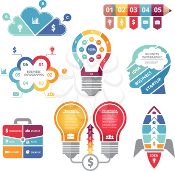 Infographics concepts with various shapes bulb, rocket, business case and profile of head. Vector lightbulb and pencil form graphic illustration