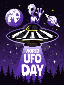 Retro poster concept for world day of ufo. Pictures of funny alien. Ufo of day, spaceship and alien. Vector illustration