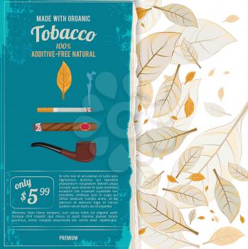 Background illustrations with tobacco leafs, cigarettes and various tools for smokers. Tobacco and nicotine, smoke cigar or cigarett, vector illustration