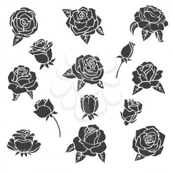 Black illustrations of roses. Vector silhouette of different plants. Flower rose monochrome, blossom plant tattoo
