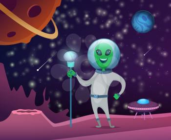 Space background with character of funny alien. Character funny, cute ufo monster, green martian in universe, vector illustration
