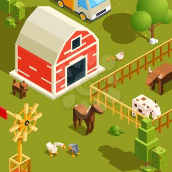 Isometric farm landscape. Village with various farm animals. Vector nature landscape with farm house and farming animal cow and chicken illustration