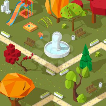 Pictures of isometric trees. 3D low poly stylized plants. Vector park polygonal with playground illustration