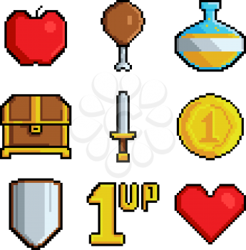 Pixel games icons. Various stylized symbols for video games. Video game 8 bit collection icons, stylization vintage pixel coin and heart illustration