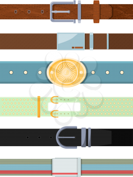 Leather belt. Various cartoon pictures of different types of belts for men. Leather strap with buckle, fashion accessory, vector illustration