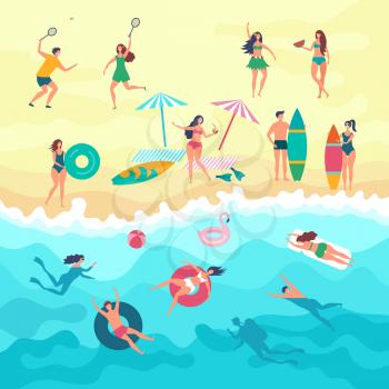 Vector background with various peoples male, female and kids playing on the beach. Summer outdoor activities. Sand beach and people on vacation sea illustration