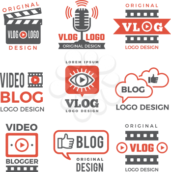 Various logotypes for tv channels and vloggers. Vlog video logo, vlogging club, channel vlogger logotype, vector illustration