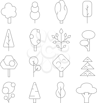 Outline trees. Vector mono line pictures of various plants. Illustration of plant tree contour