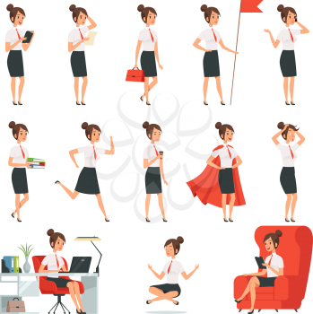 Businesswoman characters. Business ladies in various action pose. Lady busyl, character cartoon worker work and relax meditation, vector illustration