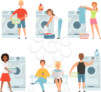 Laundry service characters. Vector washing house mascot design. Man and woman waiting washer machine illustration
