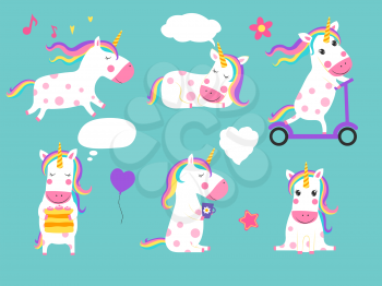 Cute vector unicorns. Cartoon characters isolate. Illustration unicorn animal, fairytale magic dream