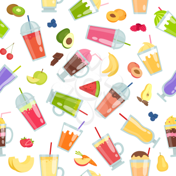 Smoothie seamless pattern. Vector summer background with summer cocktails. Illustration of summer fruit cocktail, sweet, tropical freshness drink