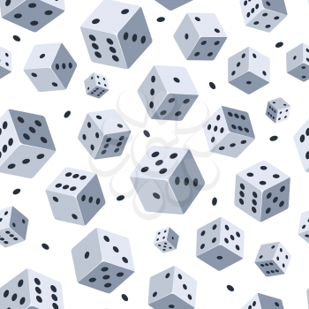 Dice vector pattern. Seamless background with picture of dice. Illustrations for game club or casino. Dice and chance game, cube random