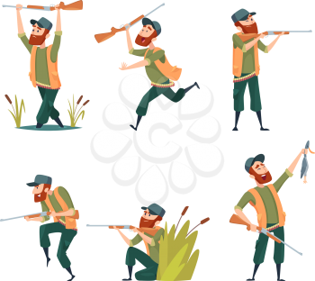 Characters of hunters. Vector cartoon illustrations of various hunter mascots. Hunter character with rifle and duck
