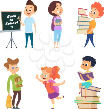 School characters. Male and female children go to school. Boy and girl character, child education, pupil and student, vector illustration