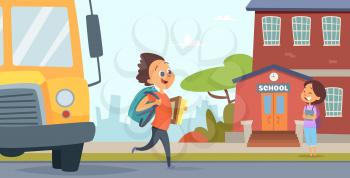 Childrens go to school. Background of back to school. Education girl and boy, schoolboy and bus, vector illustration