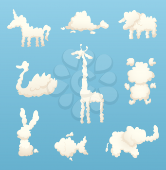 Animals from clouds. Various shapes of cartoon clouds. Vector cloud animal, nature fluffy form, rabbit and fish, horse and sheep illustration