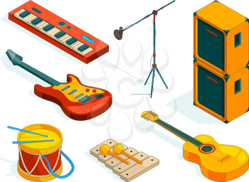 Isometric music tools. Vector pictures instruments of musicians. Illustration oif guitar instrument, music acoustic and electric