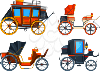 Carriage flat style. Illustrations set of various chariot. Vector collection of cart antique, transport carriage, caleche and stagecoach