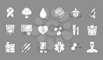 Medical black symbols. Monochrome medical icons set of insulin, syringe and others. Diabetes injection, test medicine measuring. Vector illustration