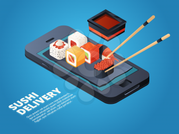 Sushi order. Online or telephone order various asian food. Vector service on smartphone, restaurant menu online, sushi and seafood illustration