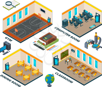 Isometric school interior. Building with various classes of institute or school. Education school isometric plan, classroom and dining room and gym. Vector illustration