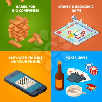 Concept of board games. Checkers, chess and other games. Vector economic game, checker and chess illustration