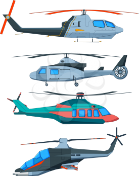 Cartoon avia transport. Various helicopters isolate. Collection of helicopters transport air. Vector illustration