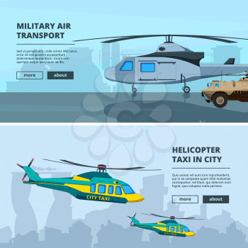 Banners with helicopters. Design template of horizontal banners with pictures of helicopters. Helicopter military army, transportation aviation illustration