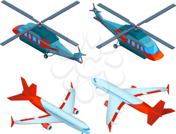 Helicopters isometric. 3d pictures of avia transport. Airplanes and helicopters. Airplane and helicopter, transportation air plane flight illustration vector
