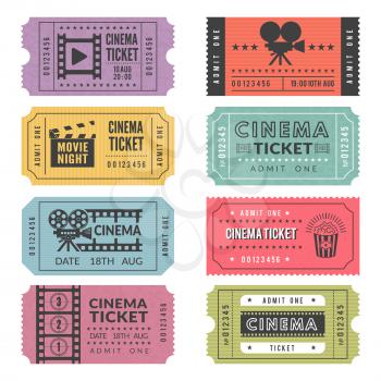 Template of cinema tickets. Vector designs of various cinema tickets with illustrations of video cameras and other tools. Ticket to entertainment cinema, movie film